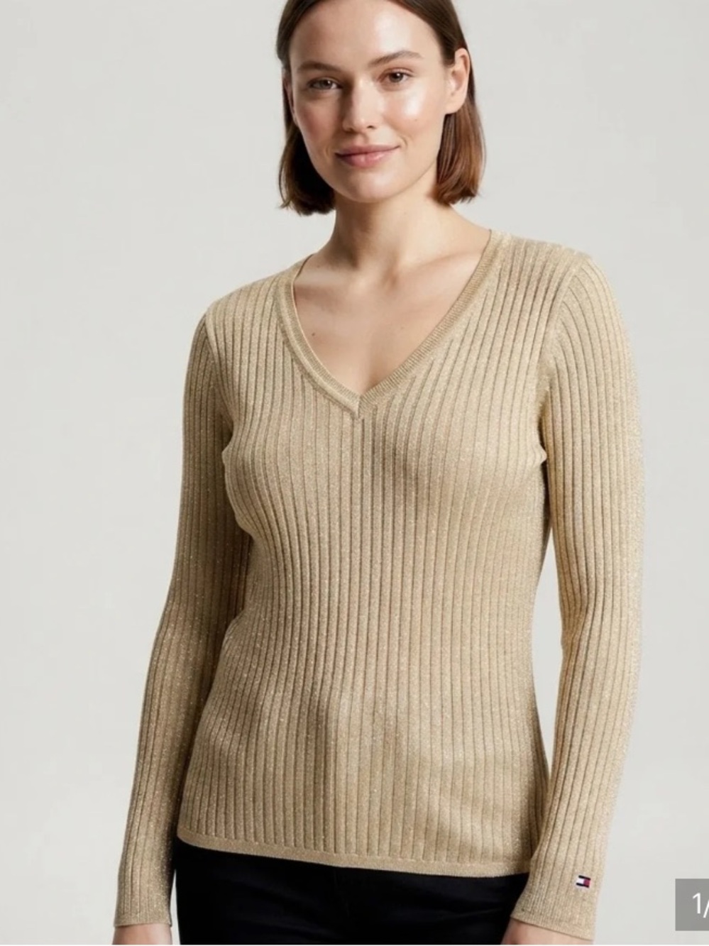 NWOT Tommy Hilfiger Women's Ribbed V-Neck Sweater in (Gold Sparkle) Size L